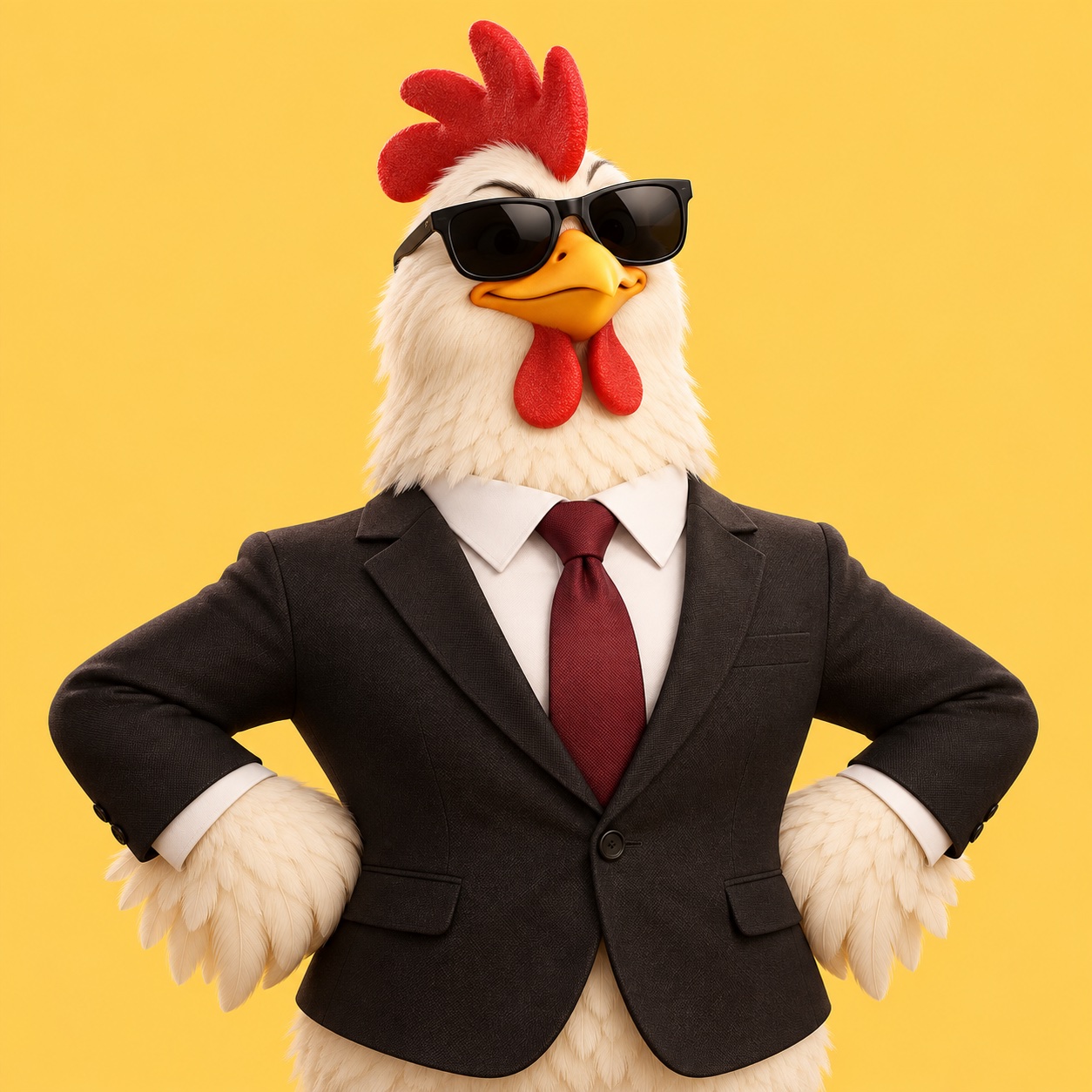 A cheerful chicken boss in a black suit and sunglasses